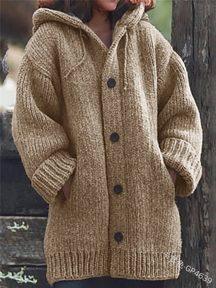 Damen weit geschnittener Kapuzen-Strickmantel mit Knopfleiste und Eingrifftaschen Drune