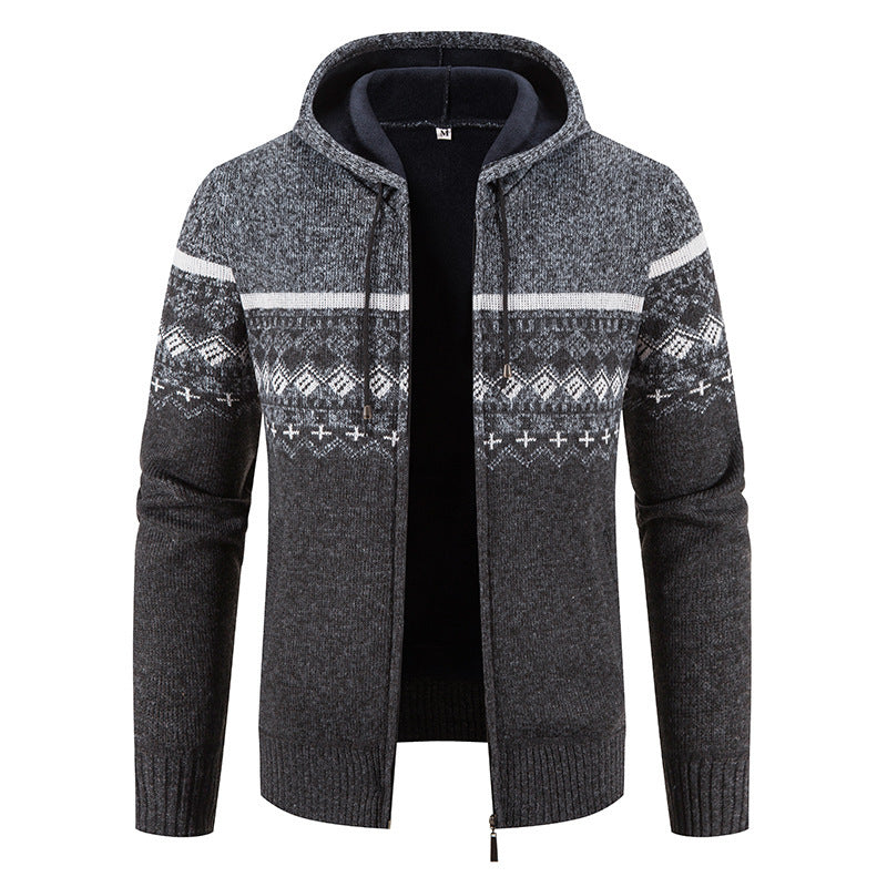 Herren nan gefütterte Strick-Zipjacke im Norwegerstil mit Kapuze und Thermofleece Drune