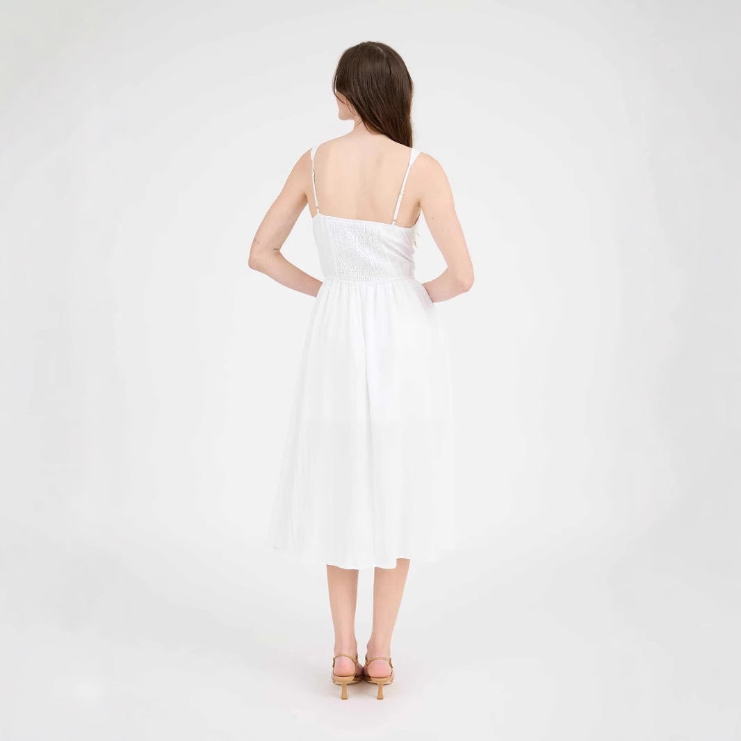 Damen elegante Sommermittelkleid mit tiefem Ausschnitt und praktischen Taschen Drune