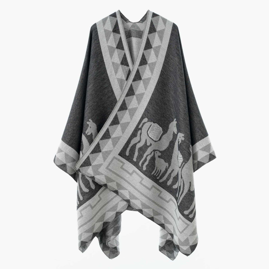 Damen Jacquard-Poncho mit Reitmotiv und geometrischem Bordürenmuster Drune
