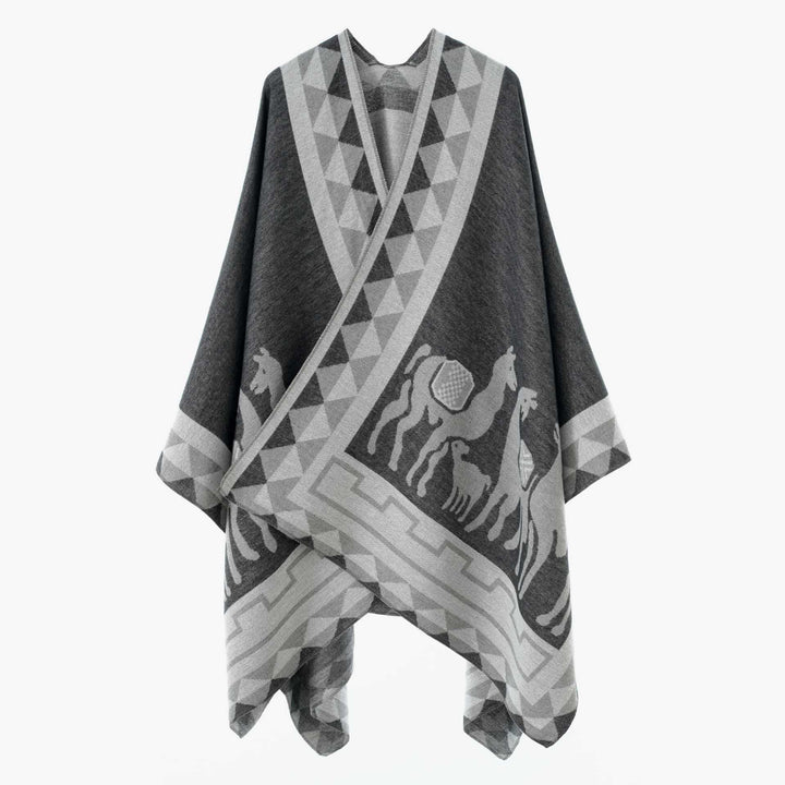 Damen Jacquard-Poncho mit Reitmotiv und geometrischem Bordürenmuster Drune