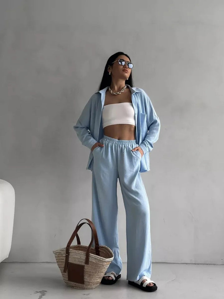 Damen Zweiteiliges Lounge-Set Oversize-Bluse mit Brusttasche und weiter Palazzo-Hose Drune