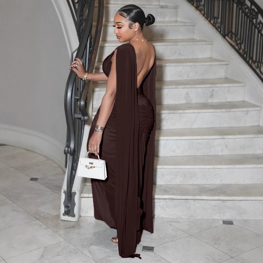 Damen Elegantes Maxikleid mit Raffungen und transparenten Ärmeln Drune