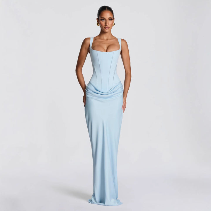 Damen Elegantes Maxikleid mit figurformendem Schnitt und zarten Drapierungen Drune