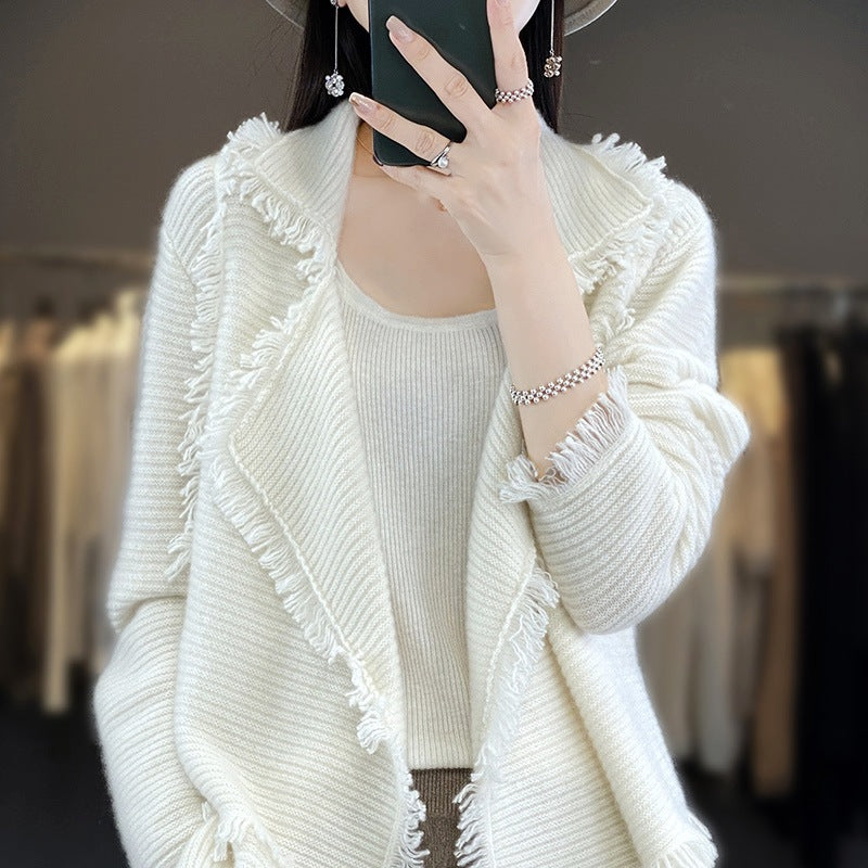 Damen Langer Fransen‑Strickcardigan mit großem Schalkragen und feiner Rippenstruktur Drune