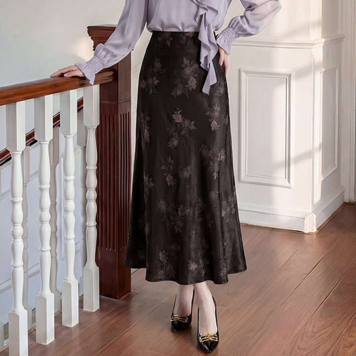 Damen nan taillenhoher A-Linien-Midirock aus jacquardähnischem Satin mit floralem Relief Drune