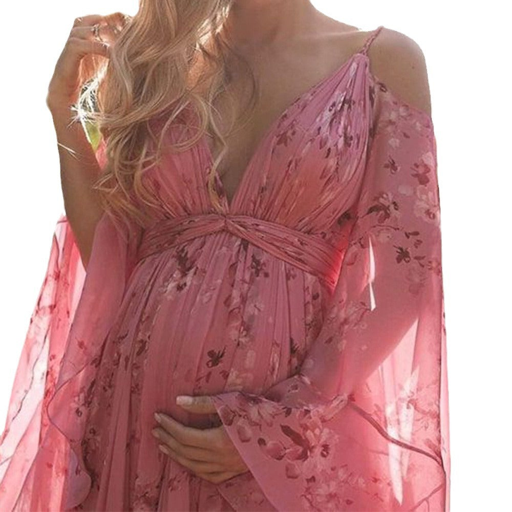 Damen Maxikleid mit eleganten Glockenärmeln und floralem Obermaterial Drune