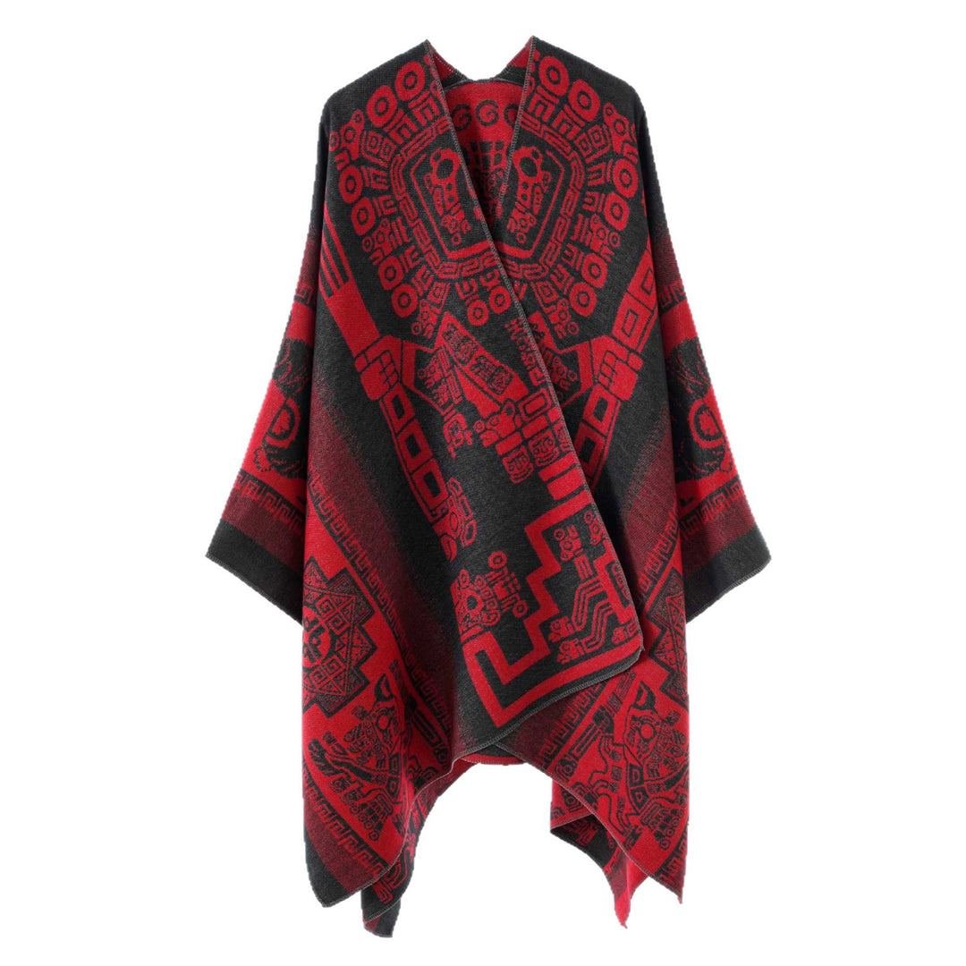 Damen Oversize‑Jacquard‑Wrapcape mit geometrischem Aztekenmuster Drune