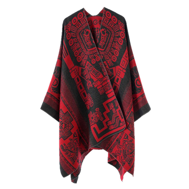 Damen Oversize‑Jacquard‑Wrapcape mit geometrischem Aztekenmuster Drune