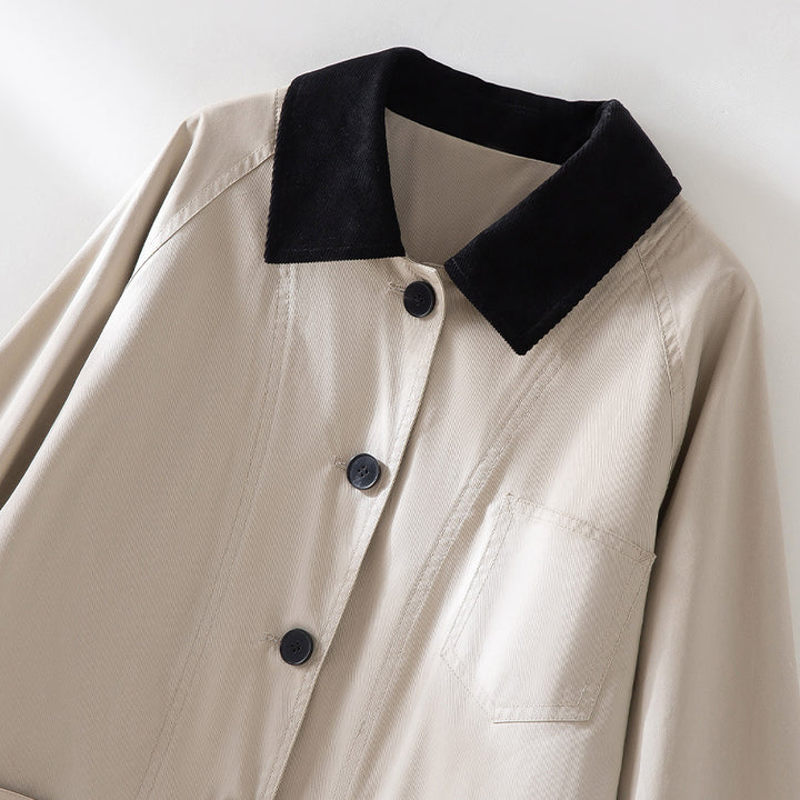Damen Oversized Baumwoll-Utility-Jacke mit Kontrastkragen und aufgesetzten Taschen Drune