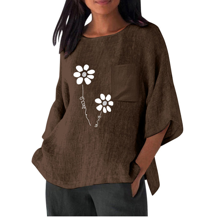 Damen lässiges Blusenshirt mit einzigartigem Blumenprint und praktischem Brusttaschen Drune