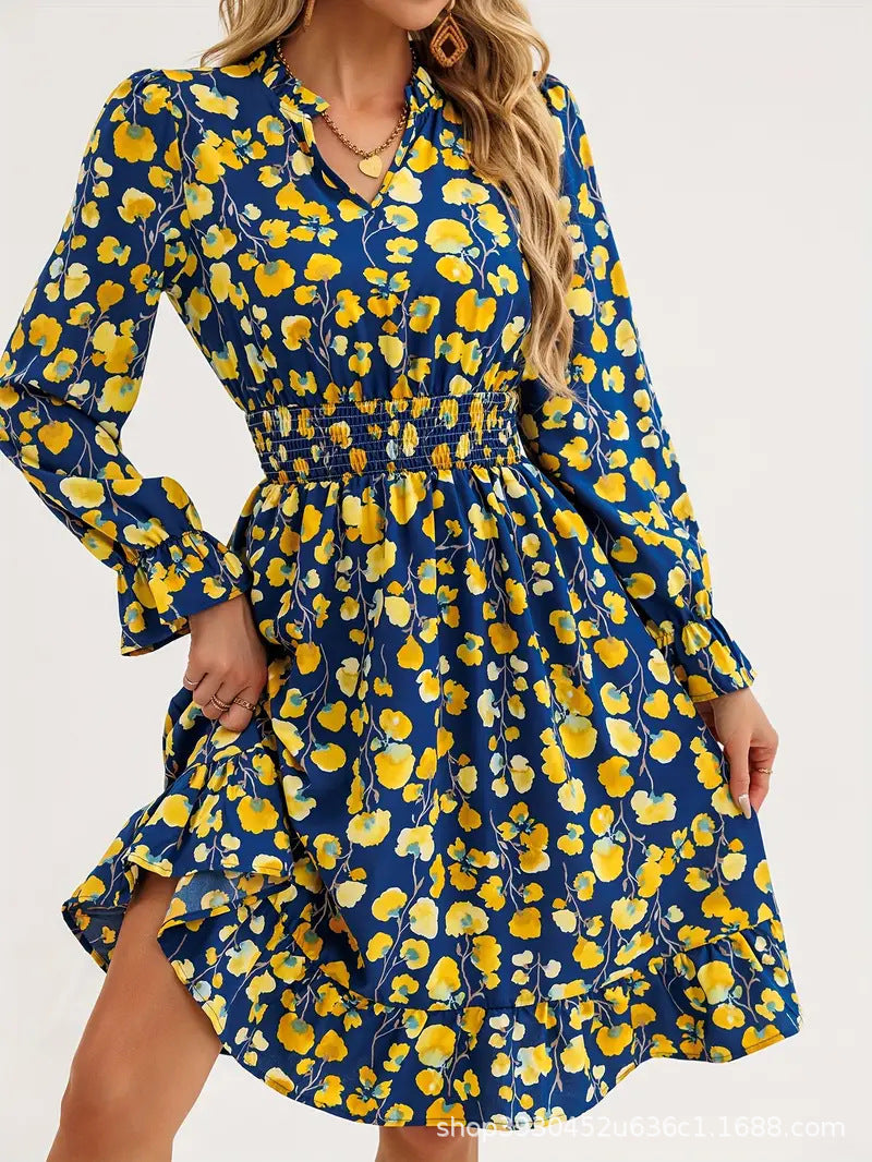 Damen Blütenmuster Mini-Kleid mit voluminösen Ärmel und elastischem Taillenbund Drune
