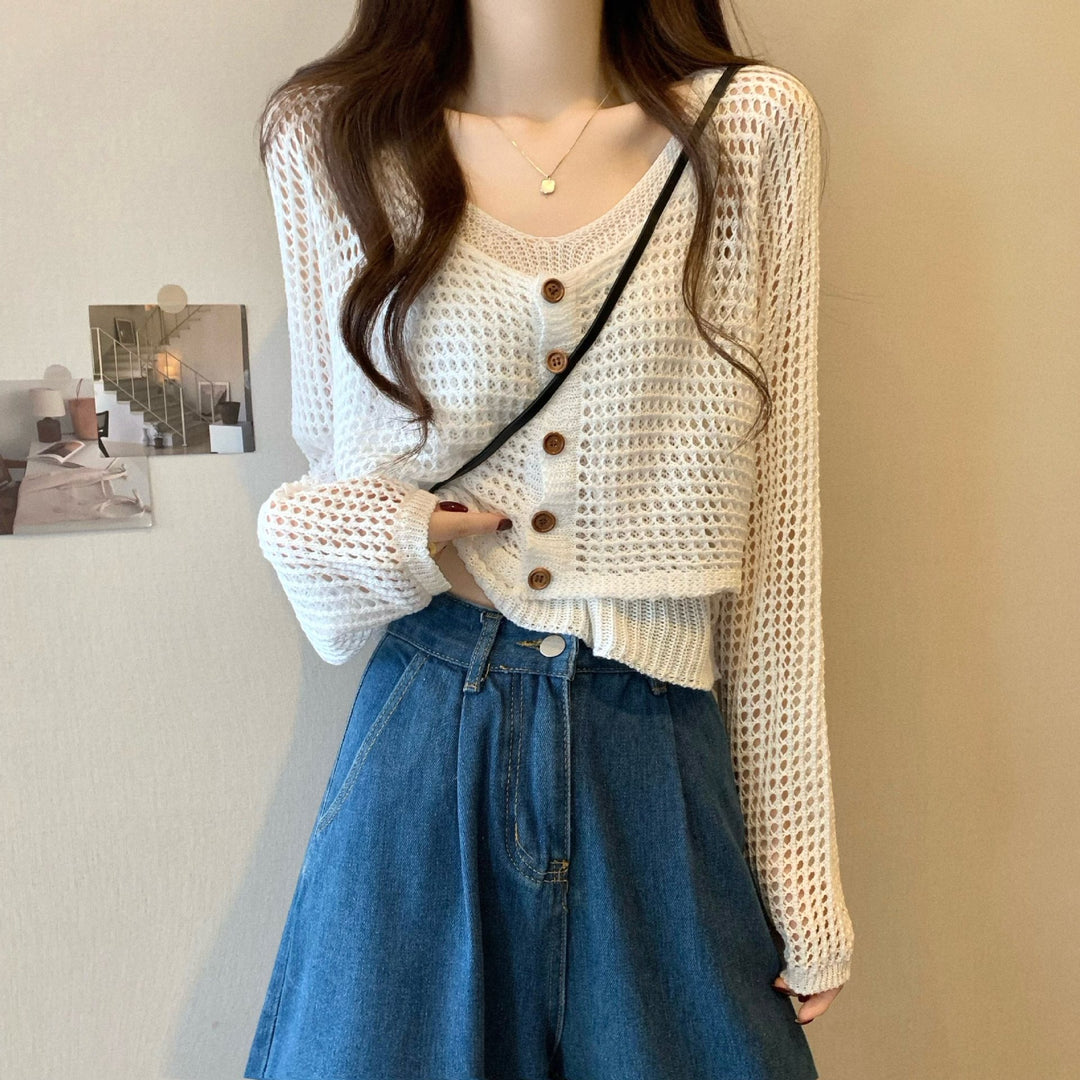 Damen lässige Strickjacke mit Netzmuster und Knopfverschluss Drune