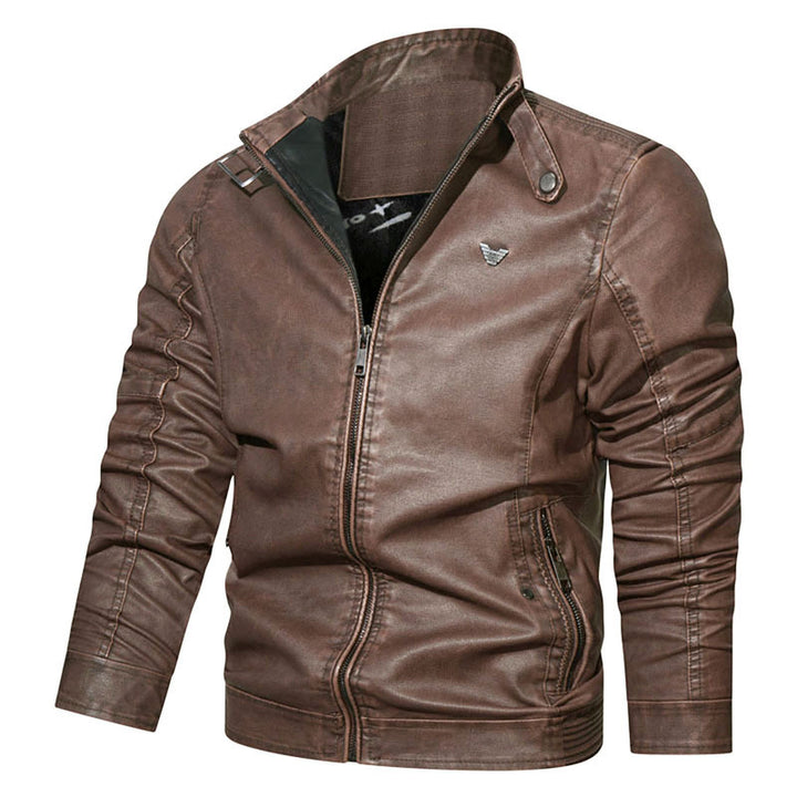 Herren Vintage-Kunstleder-Pilotenblouson mit verstellbarem Stehkragen und Reißverschlusstaschen Drune