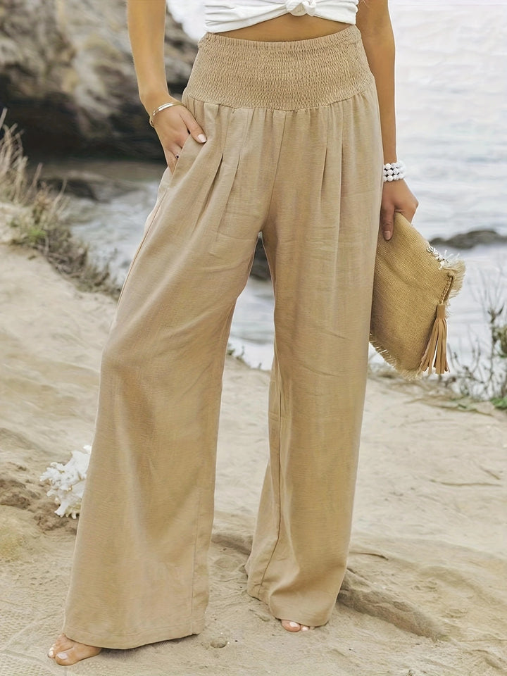 Damen Weite Leinenhose mit Smokbund und Eingrifftaschen Drune