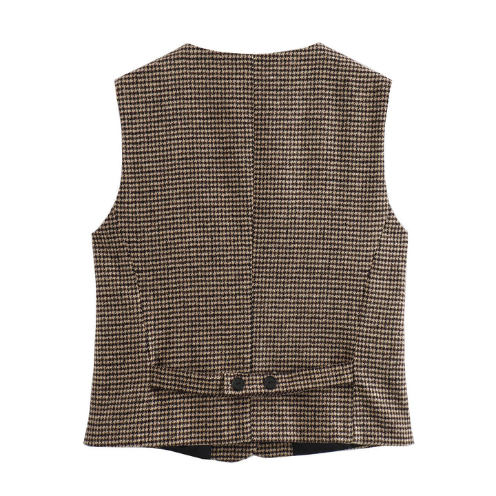 Damen nan tailliertes Hahnentritt-Gilet mit V-Ausschnitt und Knopfleiste Drune