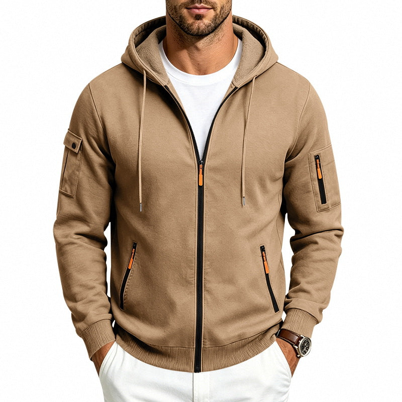 Herren Kapuzen-Reißverschlussjacke mit Ärmeltaschen, Kontrast-Zipper und Rippbündchen Drune