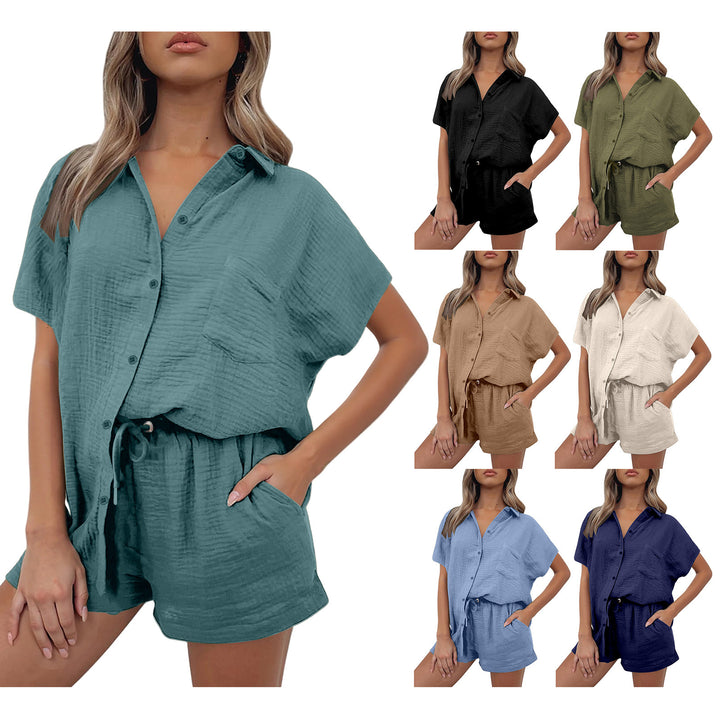 Damen lässiges Kurzarm-Hemd und Shorts Set aus strapazierfähigem Baumwollmaterial mit praktischen Taschen und elastischem Bund Drune