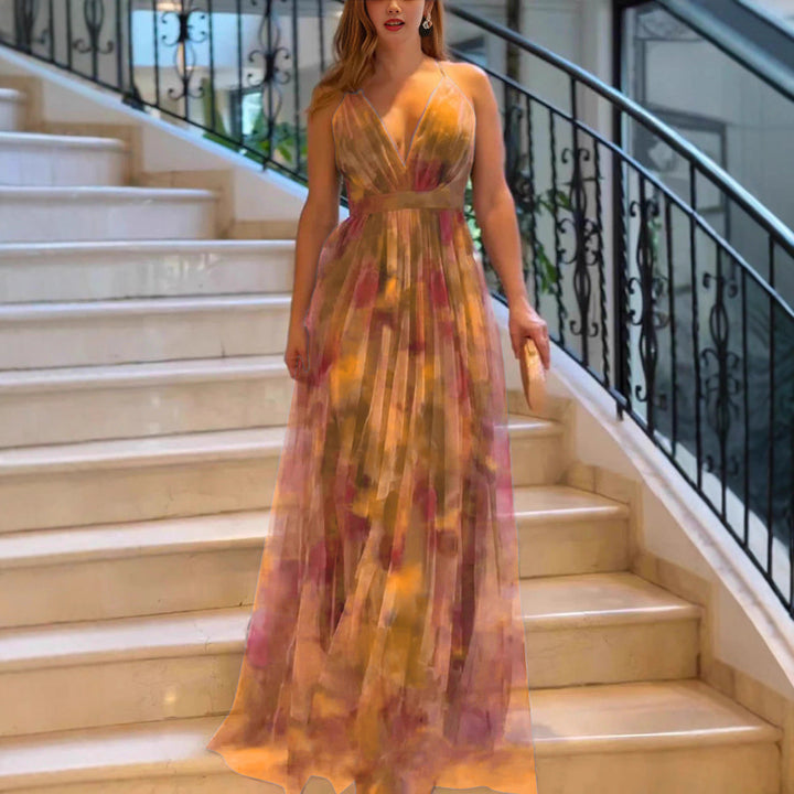 Damen Maxikleid mit tiefem V-Ausschnitt und fließendem Chiffon Drune