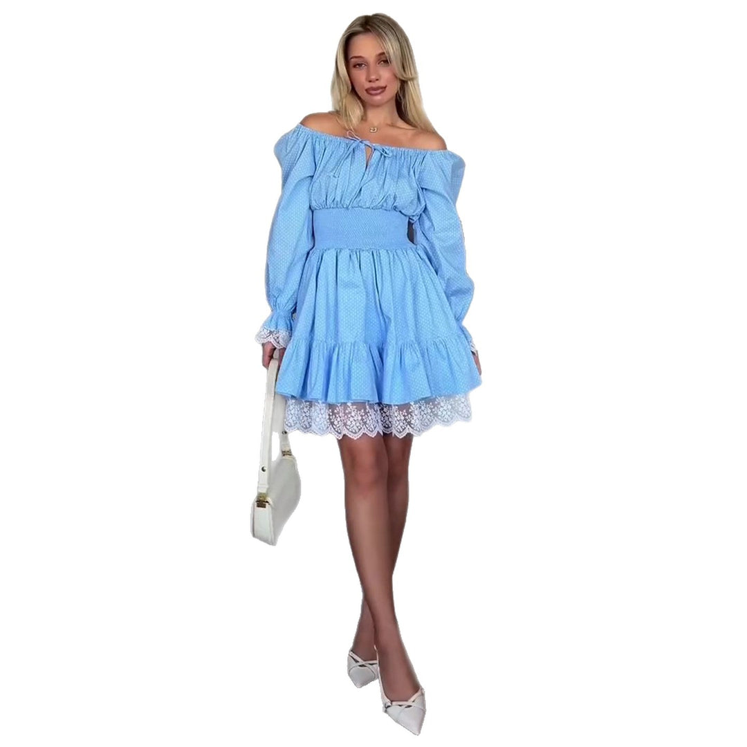 Damen Off-Shoulder Kleid mit voluminösen Rüschendetails und Spitzenbesatz Drune