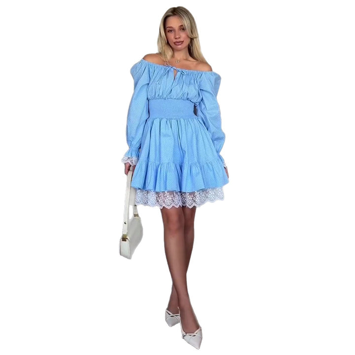 Damen Off-Shoulder Kleid mit voluminösen Rüschendetails und Spitzenbesatz Drune