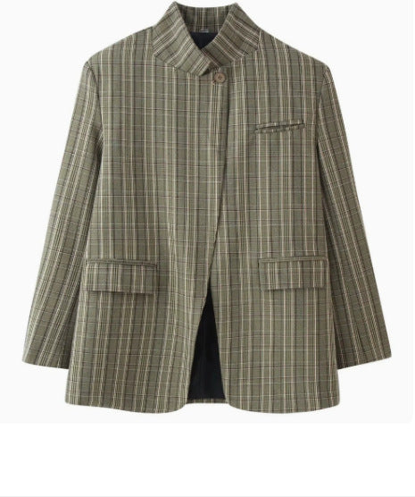 Damen 60+ karierter Mantelblazer mit Mandarinkragen, asymmetrischer Überlappung und Pattentaschen Drune