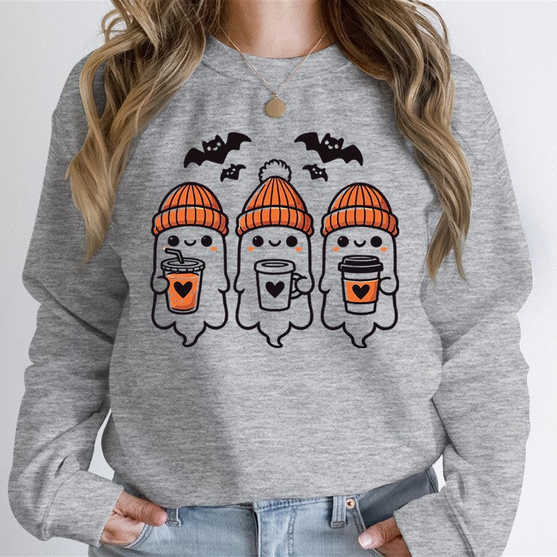 Damen nan gemütlicher Halloween Grafikpullover mit niedlichen Geist-Motiven, Rundhalsausschnitt und weichem Baumwollmix Drune