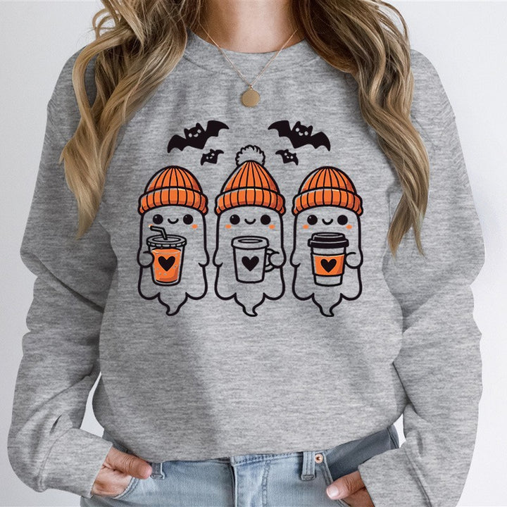 Damen nan gemütlicher Halloween Grafikpullover mit niedlichen Geist-Motiven, Rundhalsausschnitt und weichem Baumwollmix Drune