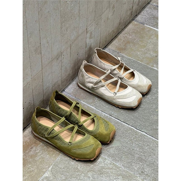 Damen Ballerina-Slipper mit Kreuzriemchen, Wildleder- und Krokostruktur Drune