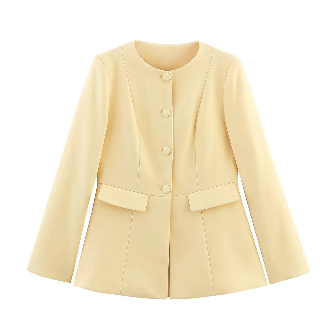 Damen nan taillierte Rundhals-Blazerjacke mit verdeckter Knopfleiste, Pattentaschen und figurformenden Teilungsnähten Drune