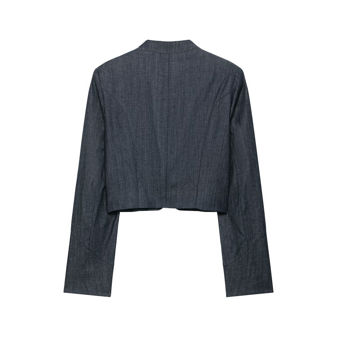 Damen Boleroartige Kurzjacke im Vintage-Denim‑Stil mit Spitzenpasse und Messingknöpfen Drune