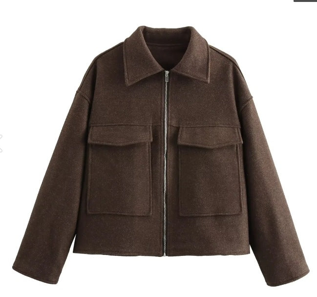 Damen 60+ Boxy Kurzjacke aus Wollmix mit Reißverschluss und aufgesetzten Pattentaschen Drune