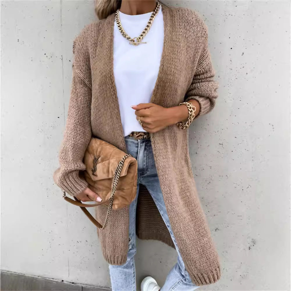 Damen Grobstrick Cardigan mit offener Vorderseite und lässigen Ärmeln Drune