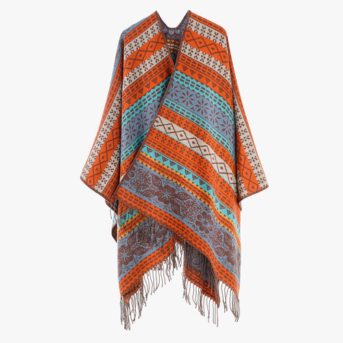 Damen Cape-Poncho mit mehrfarbigem Jacquard, offener Front und Fransensaum Drune