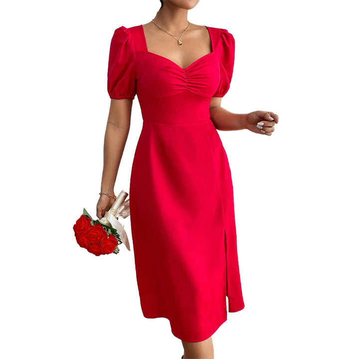 Damen Midi-Kleid mit Puffärmeln und raffiniertem Rüschendetail Drune