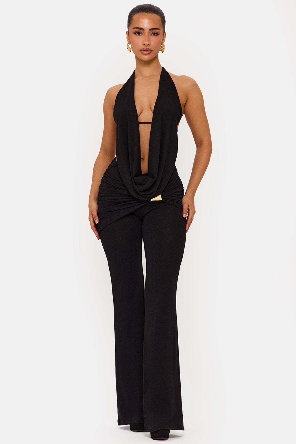 Damen elegantes, figurbetontes Jumpsuit mit tiefem Ausschnitt und weitem Bein Drune