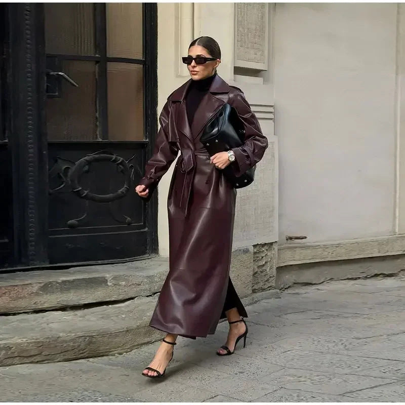 Damen Eleganter Kunstleder-Trenchcoat mit tailliertem Gürtel Drune