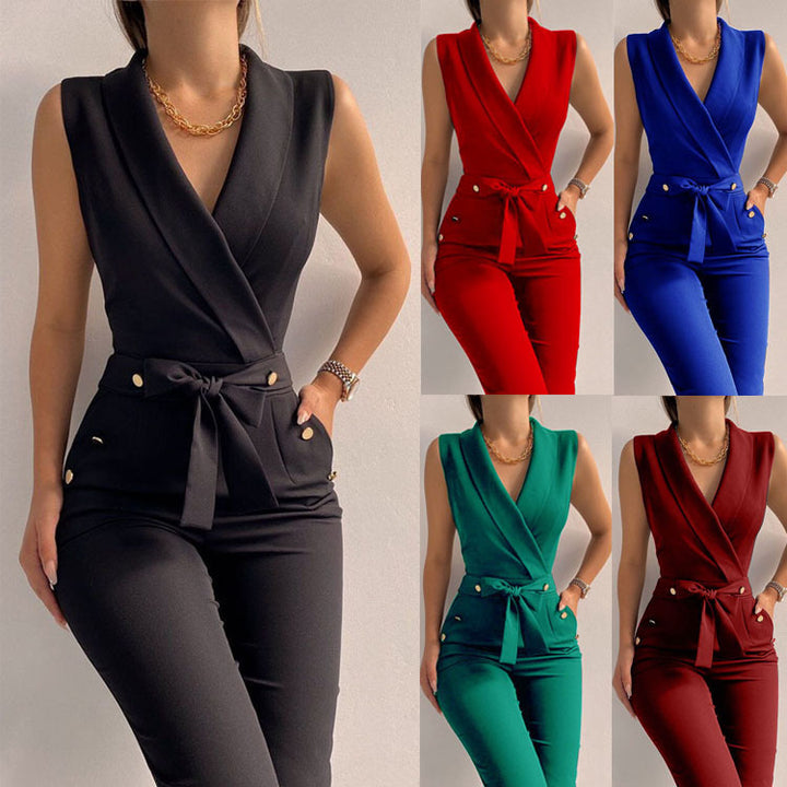 Damen Overall mit Taillengürtel und eleganten Knöpfen Drune