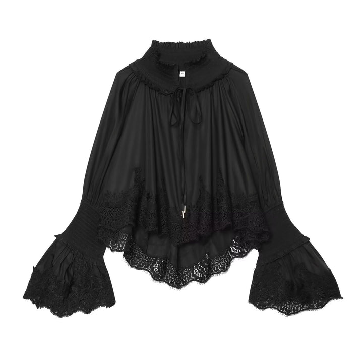 Damen Bluse mit hohem Rüschenkragen, geschmückten Manschetten und Spitzenbordüre Drune