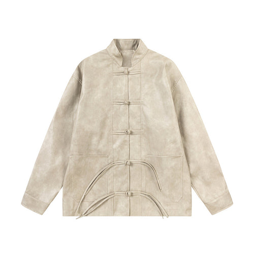 Unisex Asiatisch inspiriertes Oversize-Jackett mit Mandarinkragen und Knotenverschlüssen Drune
