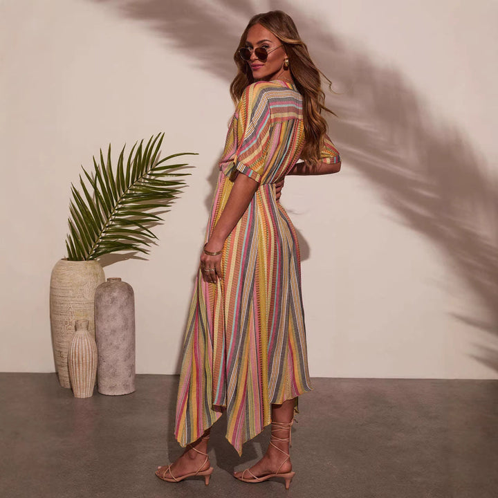 Damen Maxikleid mit tiefem V-Ausschnitt und schwingendem Rock Drune