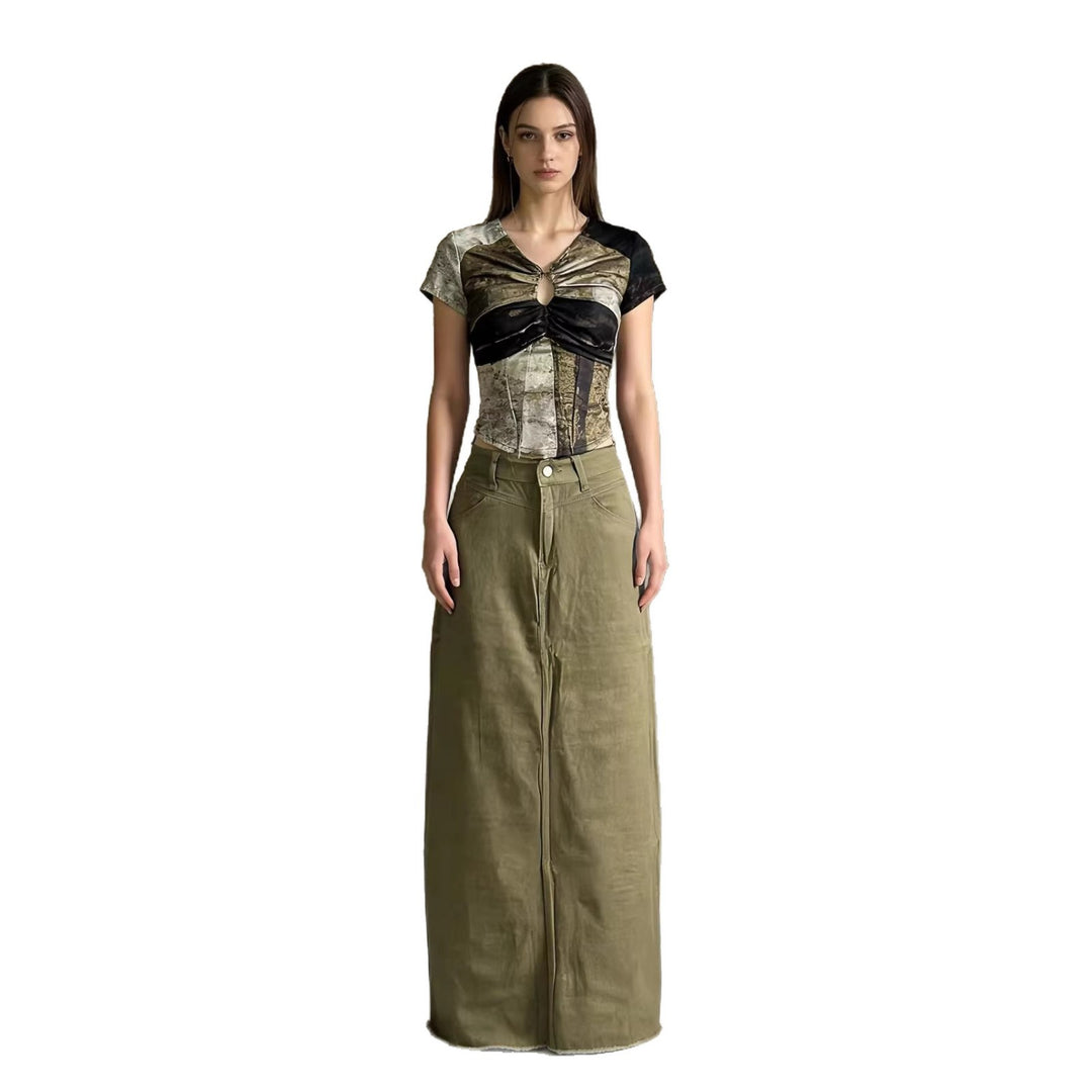 Damen nan langer High-Waist Denim-Maxirock mit gerader Silhouette und rohem Saum Drune