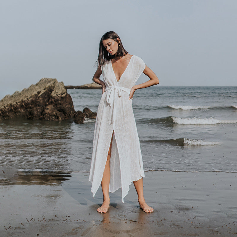 Damen luftiges Strandkleid mit Bindegürtel Drune