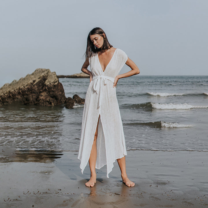 Damen luftiges Strandkleid mit Bindegürtel Drune