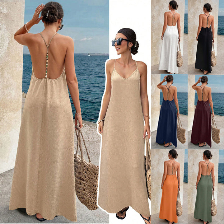 Damen Fließendes Maxikleid mit Spaghettiträgern, V-Ausschnitt und sommerlicher Leinenoptik Drune