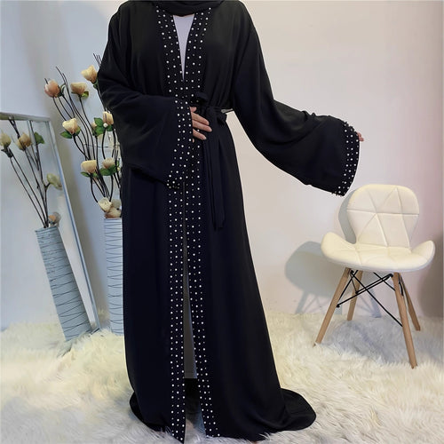 Damen elegante Abaya mit aufwendigen Strassdetails und Taillengürtel Drune
