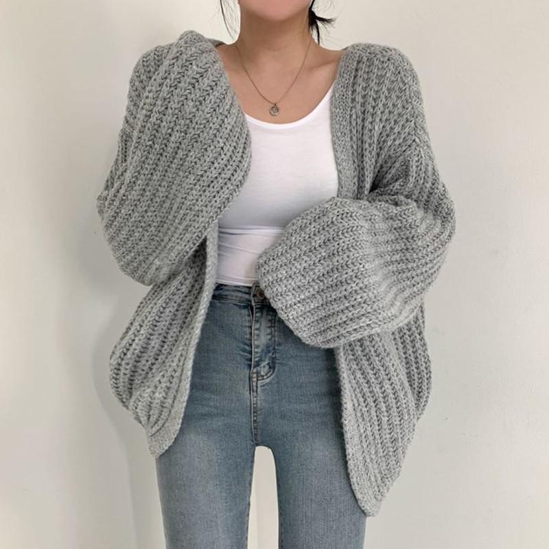 Damen grob gestrickte Oversized Cardigan mit tiefem V-Ausschnitt Drune