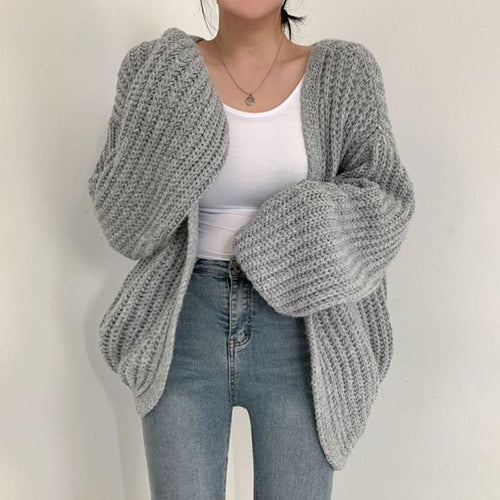 Damen grob gestrickte Oversized Cardigan mit tiefem V-Ausschnitt Drune