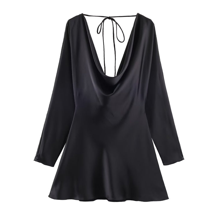 Damen Kurzes Satin-Minikleid mit tiefem Wasserfall‑Rücken, V‑Ausschnitt vorne und langen Ärmeln Drune