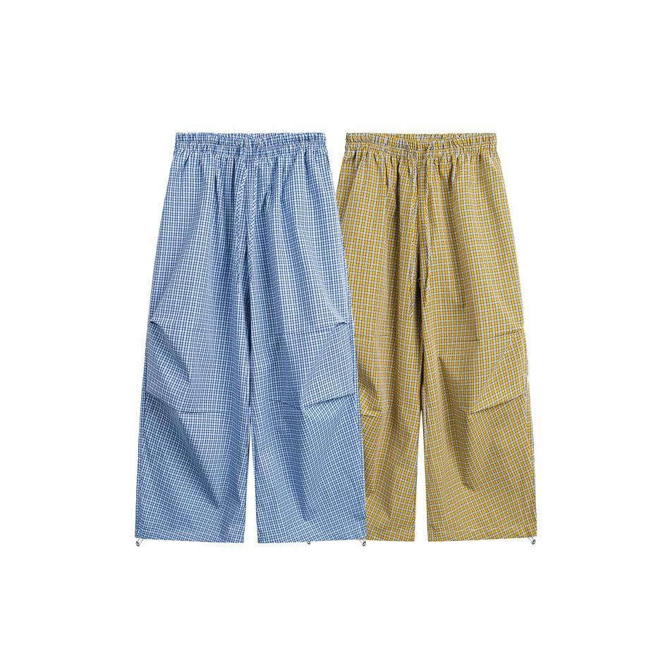 Damen Weite Baumwollhose mit elastischem Bund, Karomuster und verstellbarer Saumkordel Drune